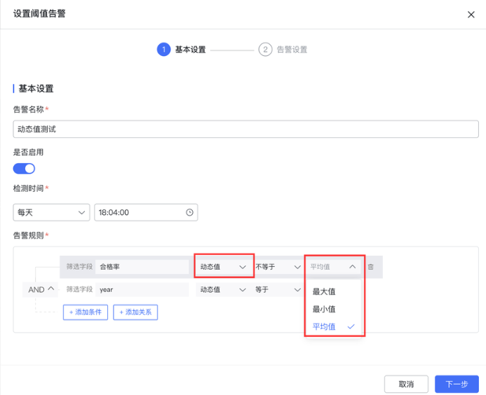 Metric alert configuration with evaluation time and dynamic conditions